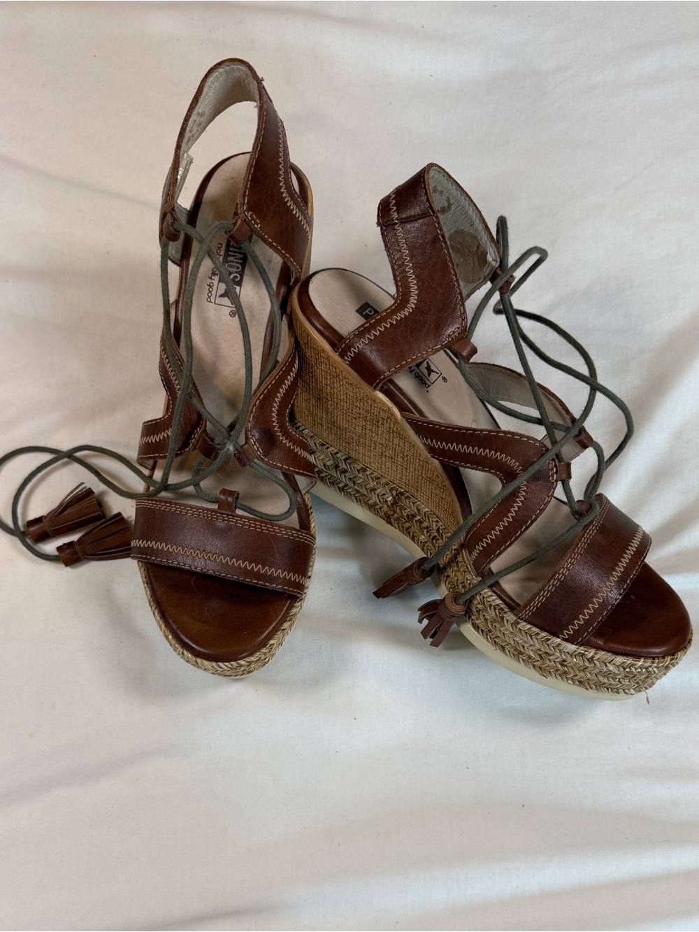 PIKOLINOS Brown Leather Espadrille Wedge Lace-Up Sandals